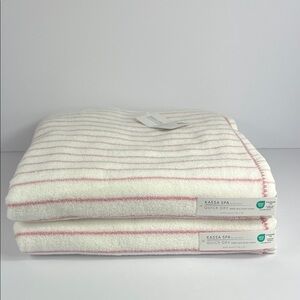Kassa Spa Bath Towels Pink White Striped Plush Cotton Quick Dry Set of 2 NEW